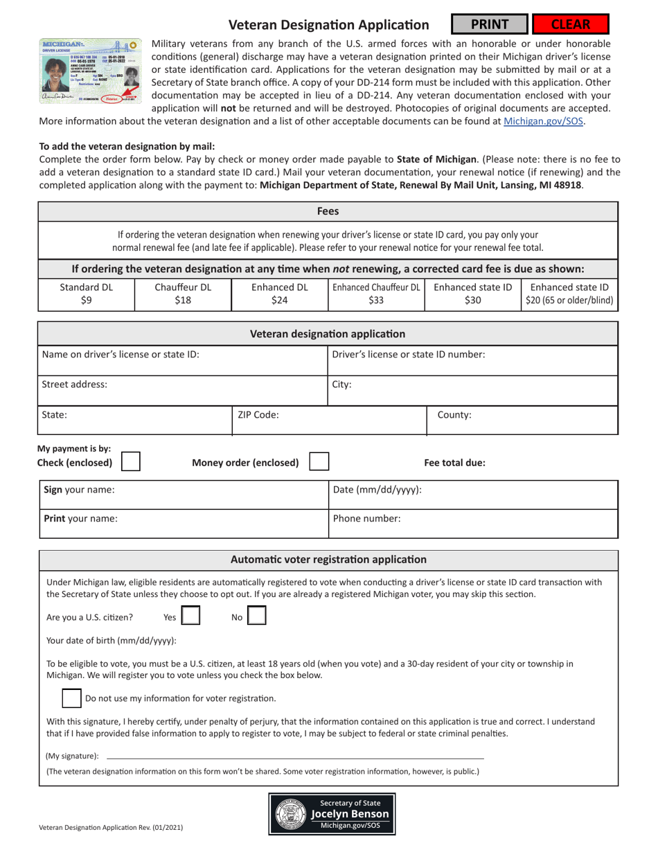 Veteran Designation Application - Michigan, Page 1