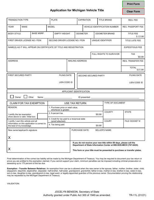 Form TR-11L Application for Michigan Vehicle Title - Michigan