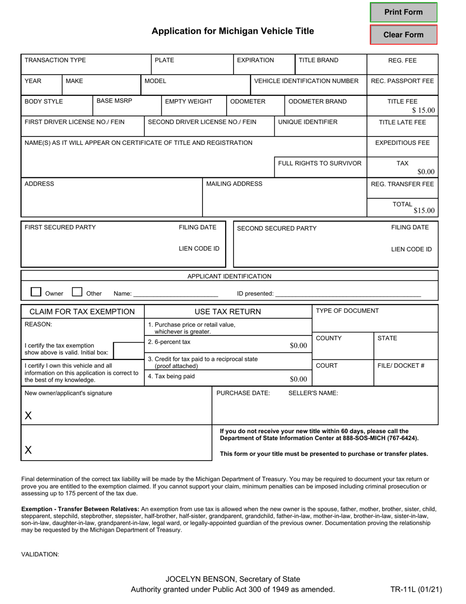 Form TR-11L Application for Michigan Vehicle Title - Michigan, Page 1
