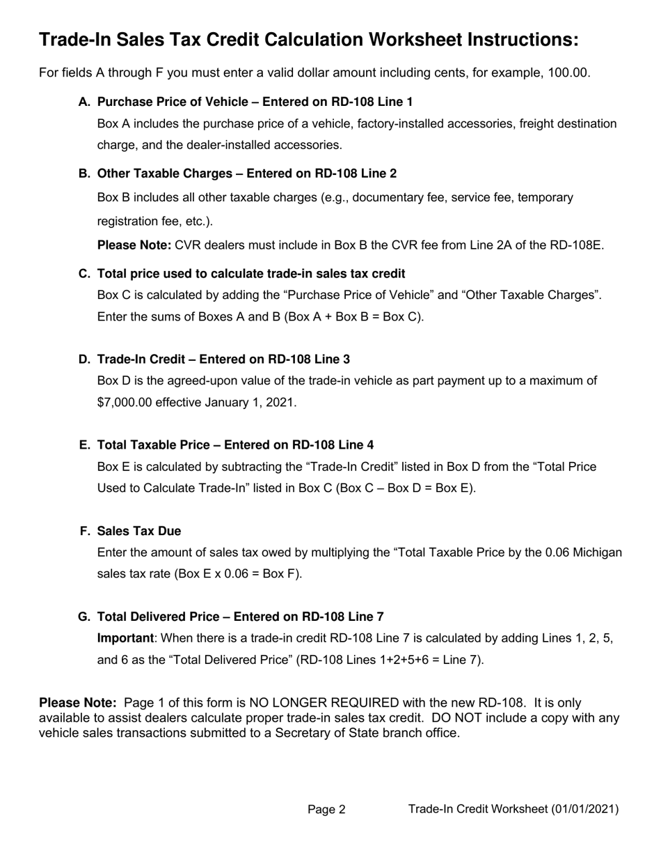 Trade-In Sales Tax Credit Calculation Worksheet - Michigan, Page 2