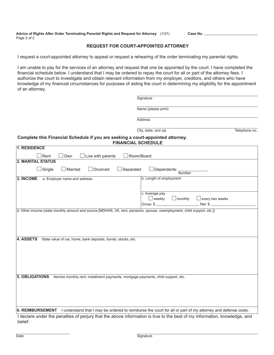 Form JC44 Advice of Rights After Order Terminating Parental Rights (Juvenile Code) - Michigan, Page 2