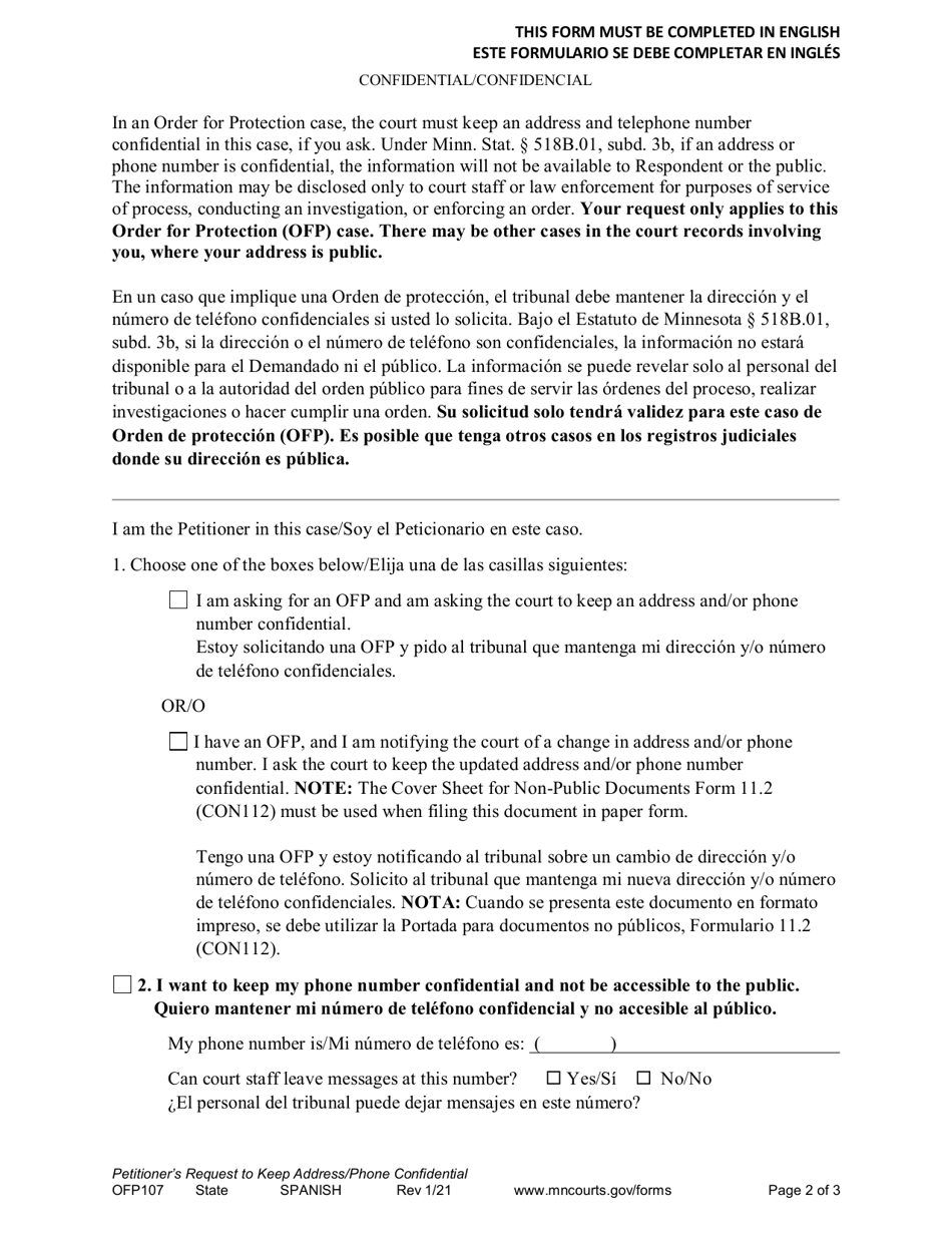 Form OFP107 Petitioners Request to Keep Address / Phone Confidential - Minnesota (English / Spanish), Page 2