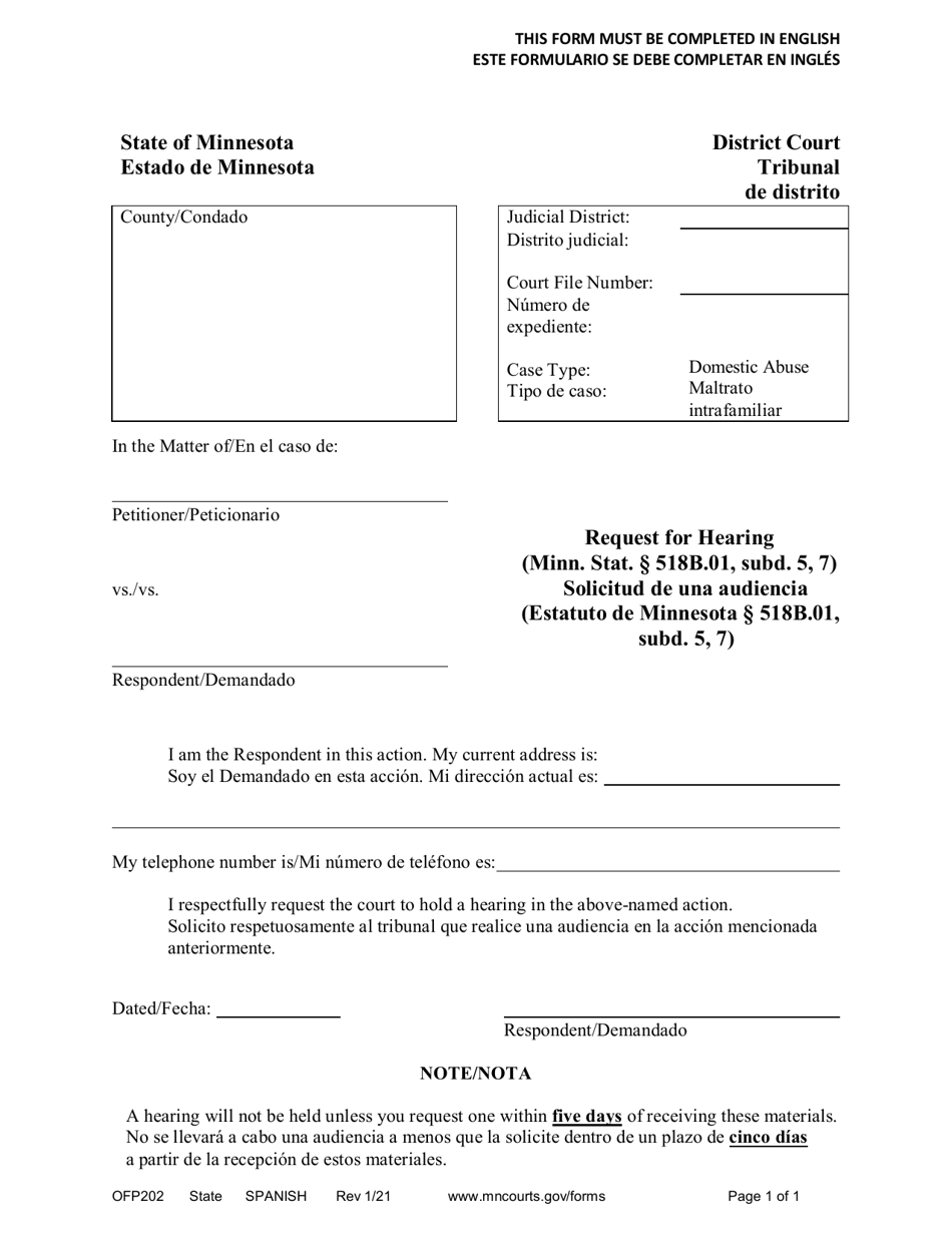 Form OFP202 Fill Out, Sign Online and Download Printable PDF, Minnesota (English/Spanish