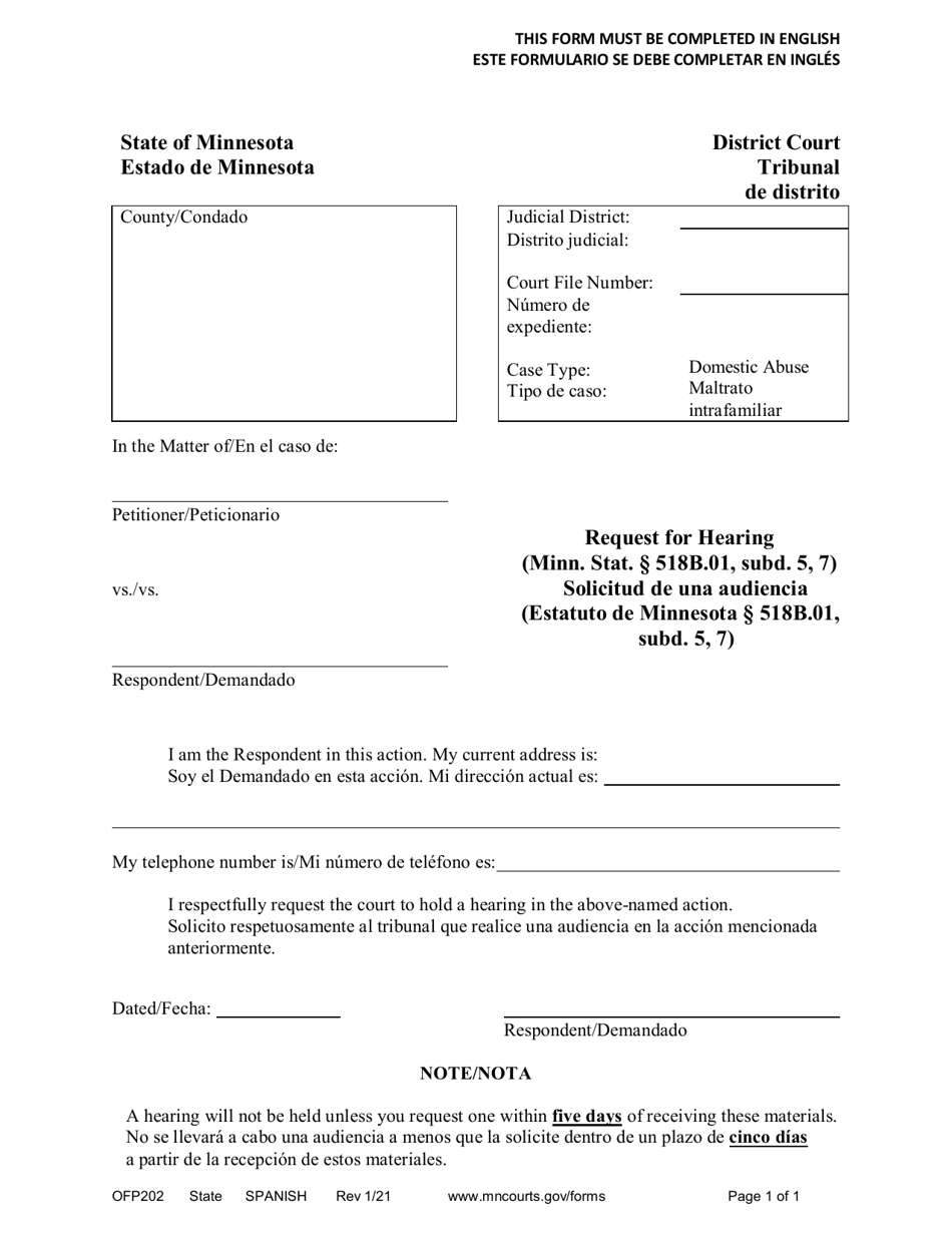 Form OFP202 Request for Hearing - Minnesota (English / Spanish), Page 1