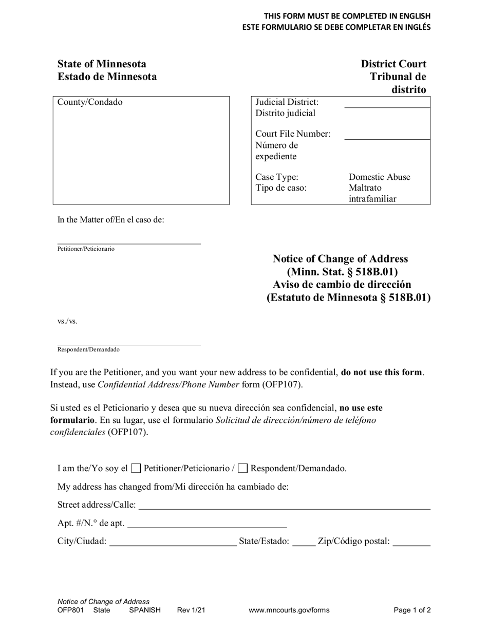 Form OFP801 Notice of Change of Address - Minnesota (English / Spanish), Page 1