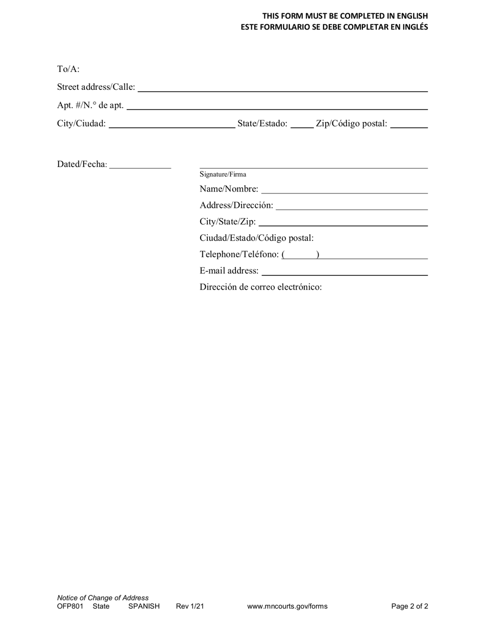 Form OFP801 Notice of Change of Address - Minnesota (English / Spanish), Page 2