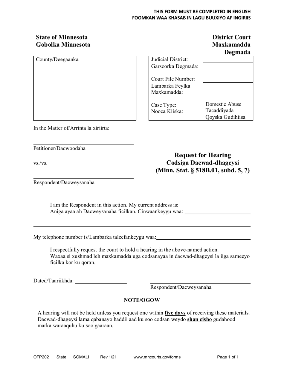 Form OFP202 Request for Hearing - Minnesota (English / Somali), Page 1