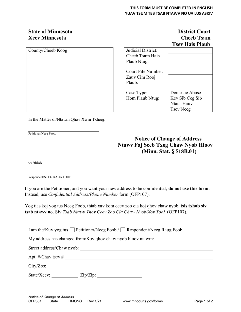 Form OFP801 Download Printable PDF or Fill Online Notice of Change of