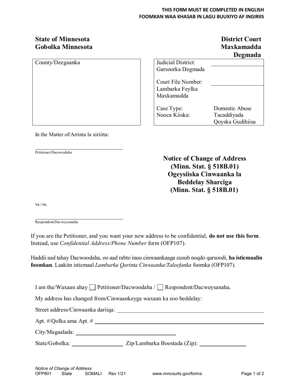 Form OFP801 Notice of Change of Address - Minnesota (English / Somali), Page 1