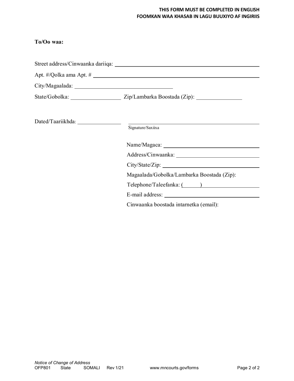 Form OFP801 Notice of Change of Address - Minnesota (English / Somali), Page 2