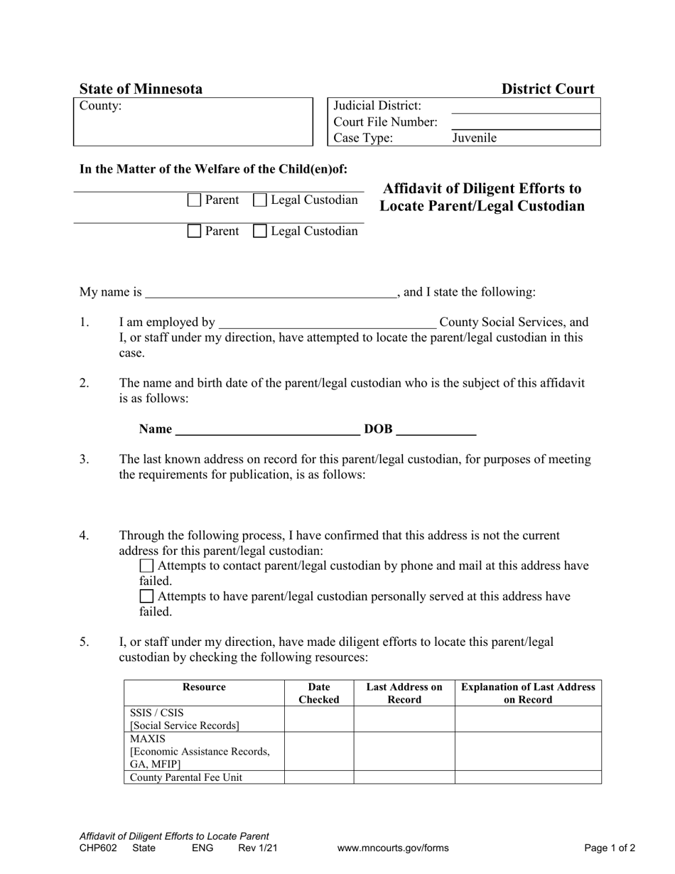Form CHP602 Affidavit of Diligent Efforts to Locate Parent / Legal Custodian - Minnesota, Page 1