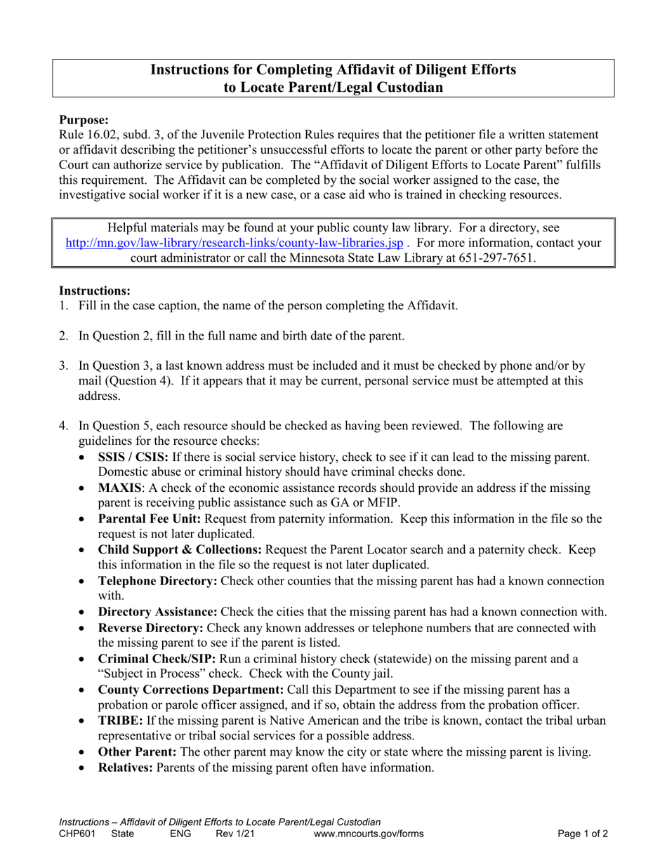 Instructions for Form CHP602 Affidavit of Diligent Efforts to Locate Parent / Legal Custodian - Minnesota, Page 1