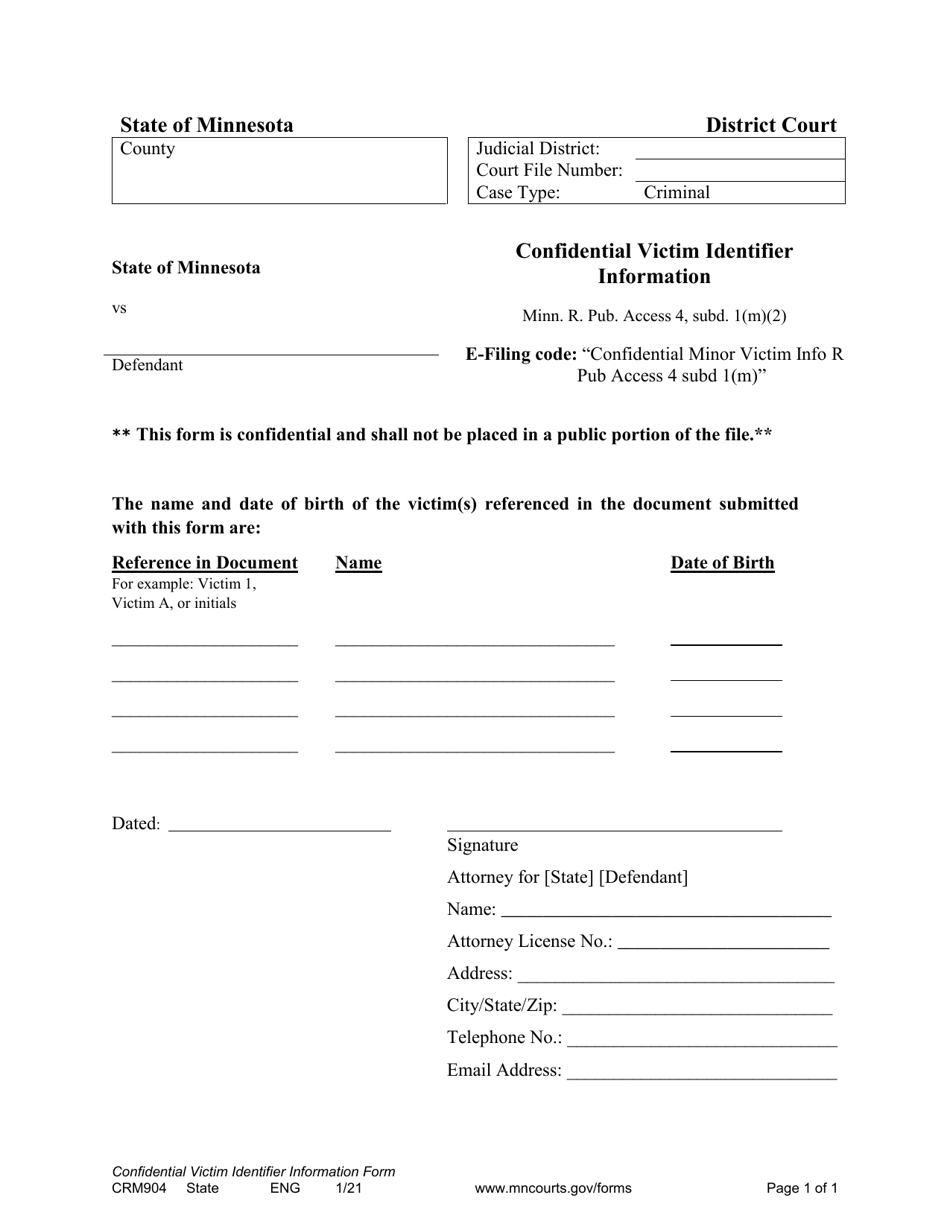 Form CRM904 Confidential Victim Identifier Information - Minnesota, Page 1
