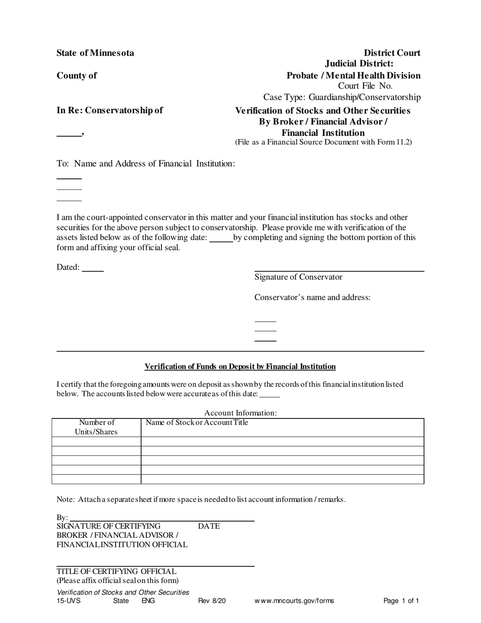 Form 15-UVS Verification of Stocks and Other Securities - Minnesota, Page 1