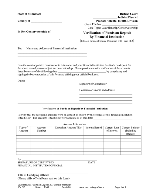 Form 15-UVF Verification of Funds on Deposit by Financial Institution - Minnesota