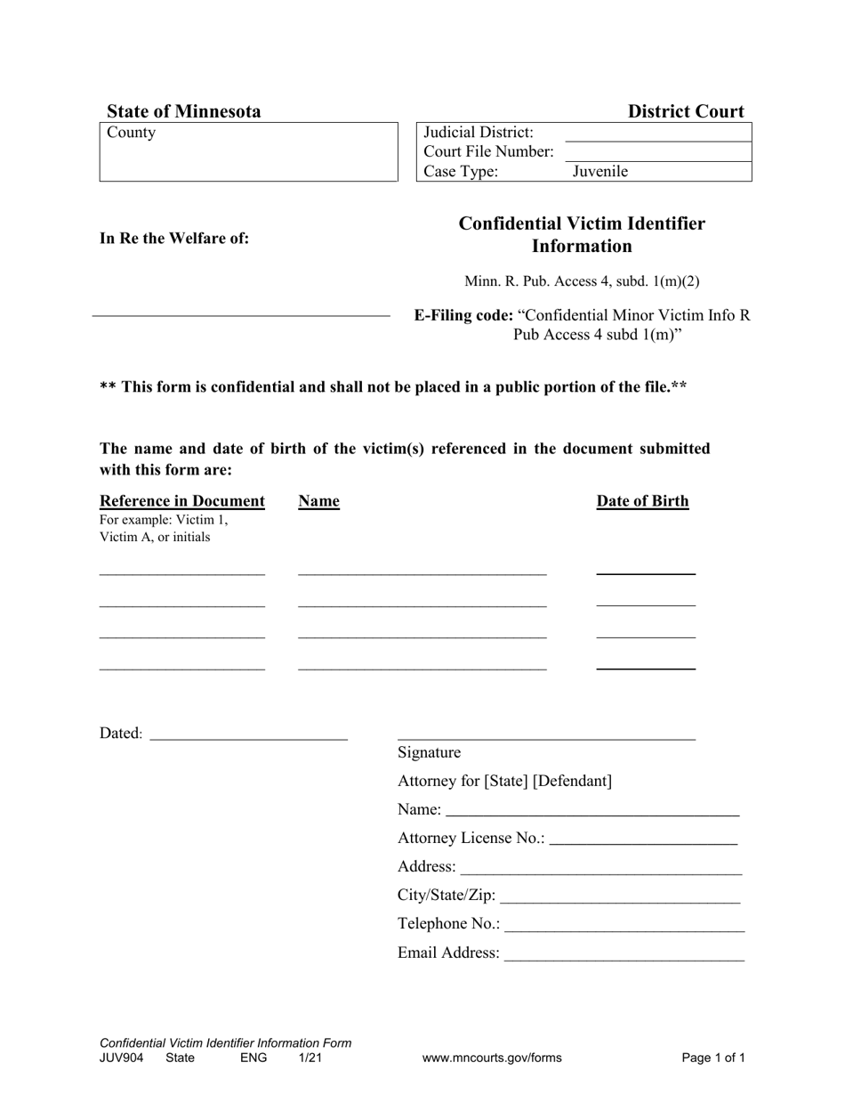 Form JUV904 Confidential Victim Identifier Information - Minnesota, Page 1