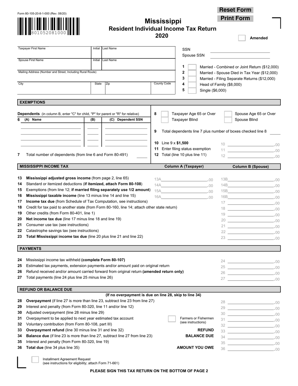 Form 80-105 Resident Individual Income Tax Return - Mississippi, Page 1