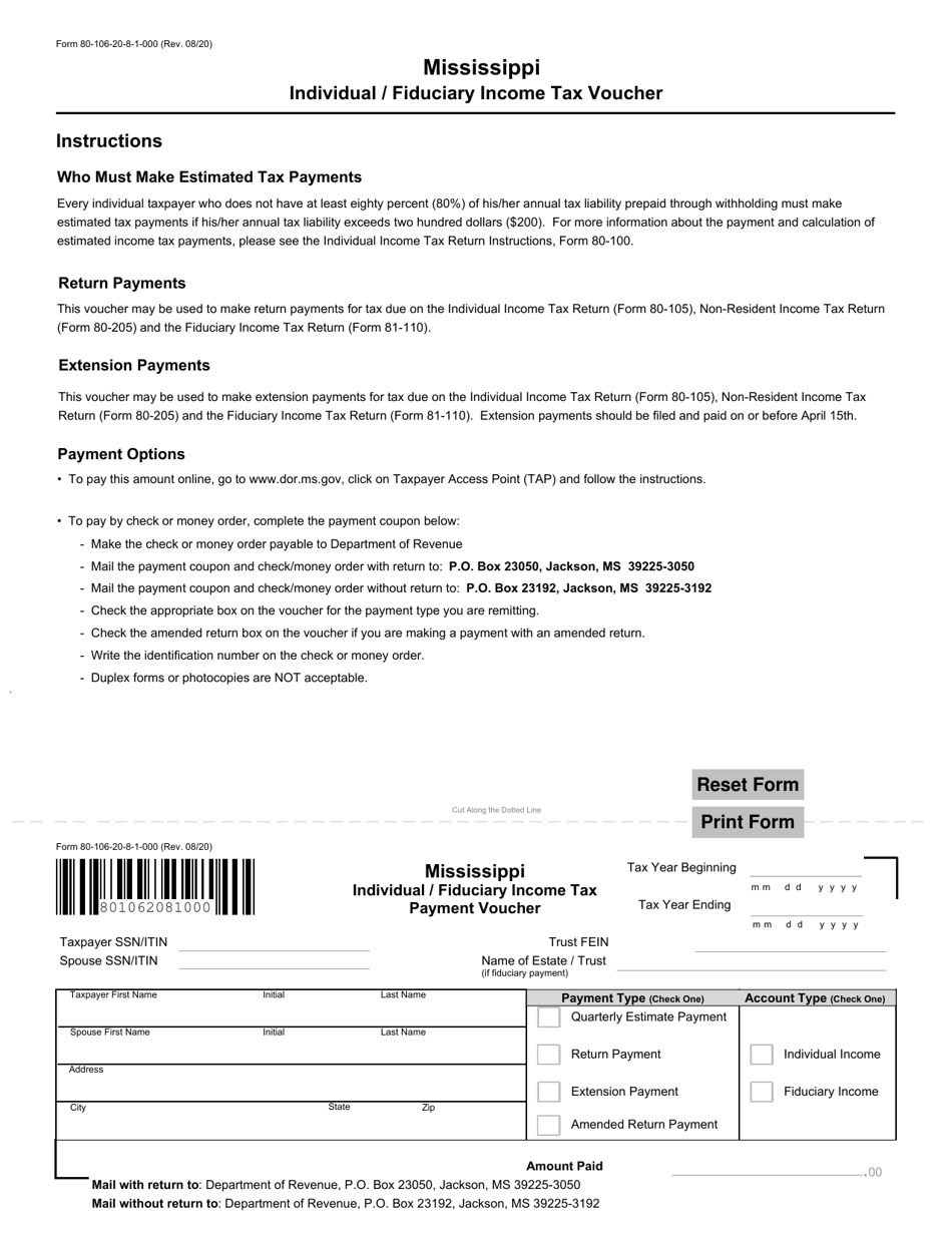 Form 80-106 Mississippi Individual / Fiduciary Income Tax Payment Voucher - Mississippi, Page 1