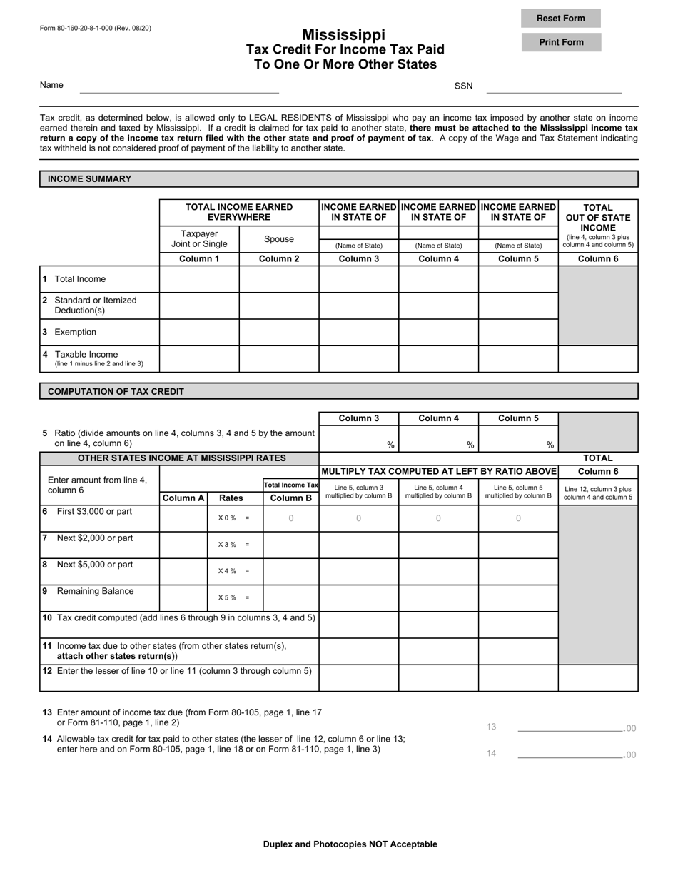 Form 80-160 Mississippi Tax Credit for Income Tax Paid to One or More Other States - Mississippi, Page 1