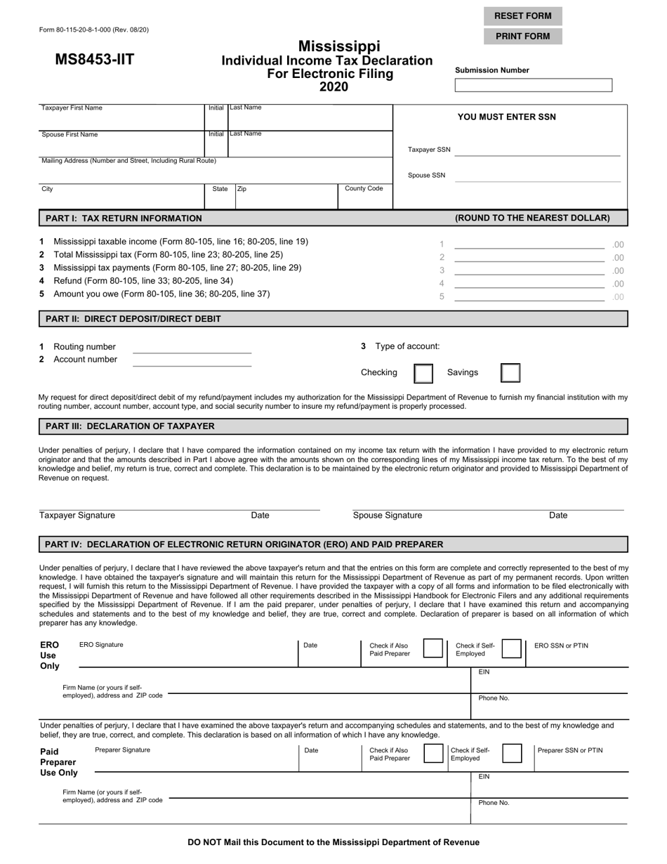 Form 80-115 (MS8453-IIT) Individual Income Tax Declaration for Electronic Filing - Mississippi, Page 1