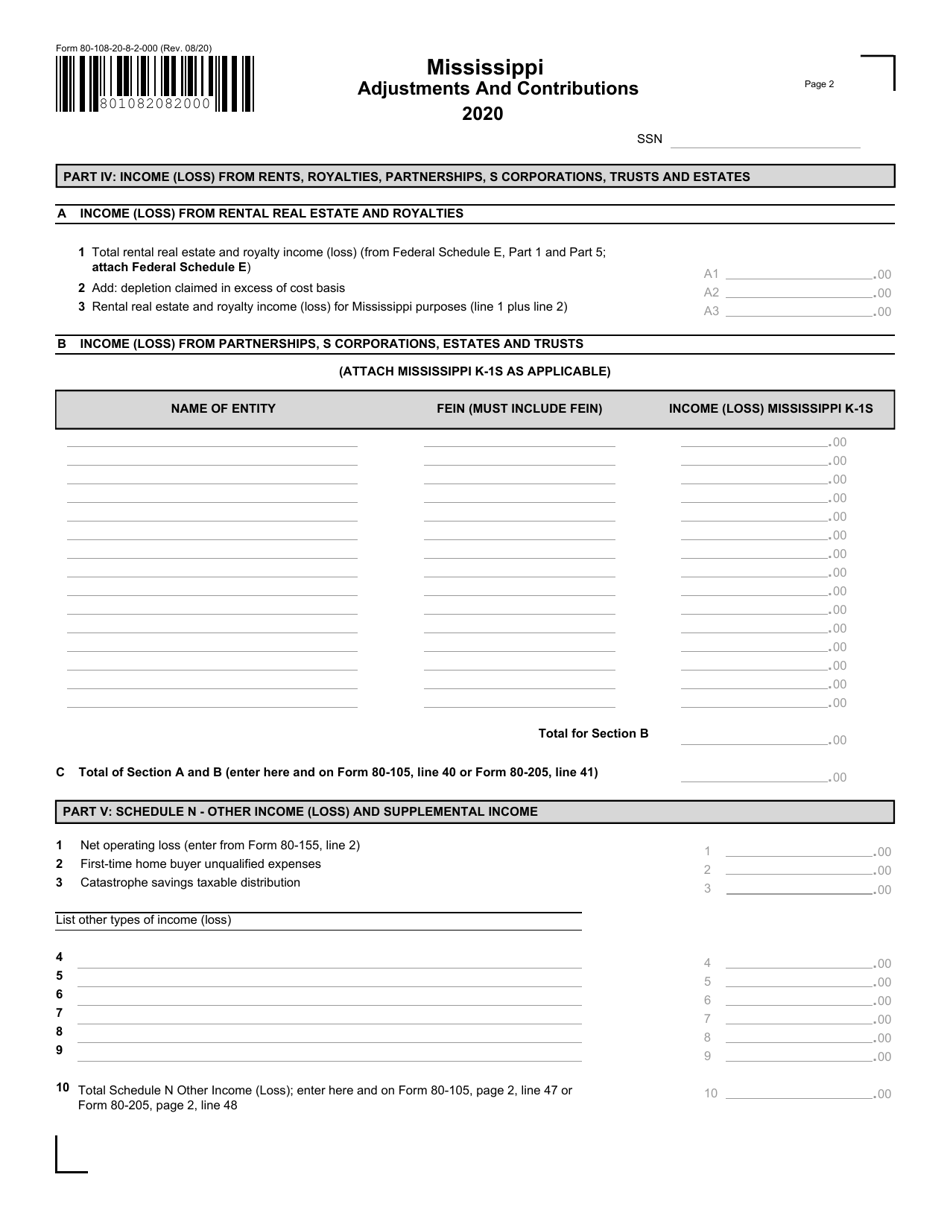 Form 80-108 Mississippi Adjustments and Contributions - Mississippi, Page 2