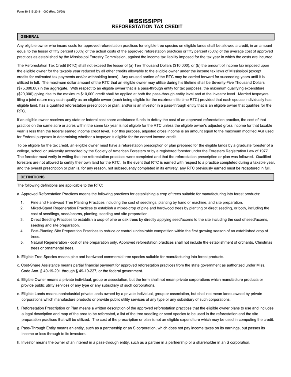 Instructions for Form 80-315 Mississippi Reforestation Tax Credit - Mississippi, Page 1