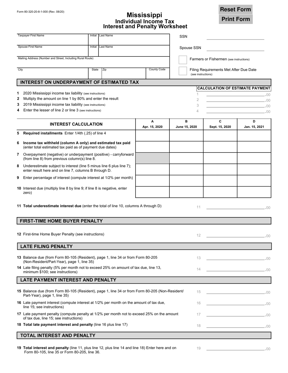 Form 80-320 Mississippi Individual Income Tax Interest and Penalty Worksheet - Mississippi, Page 1