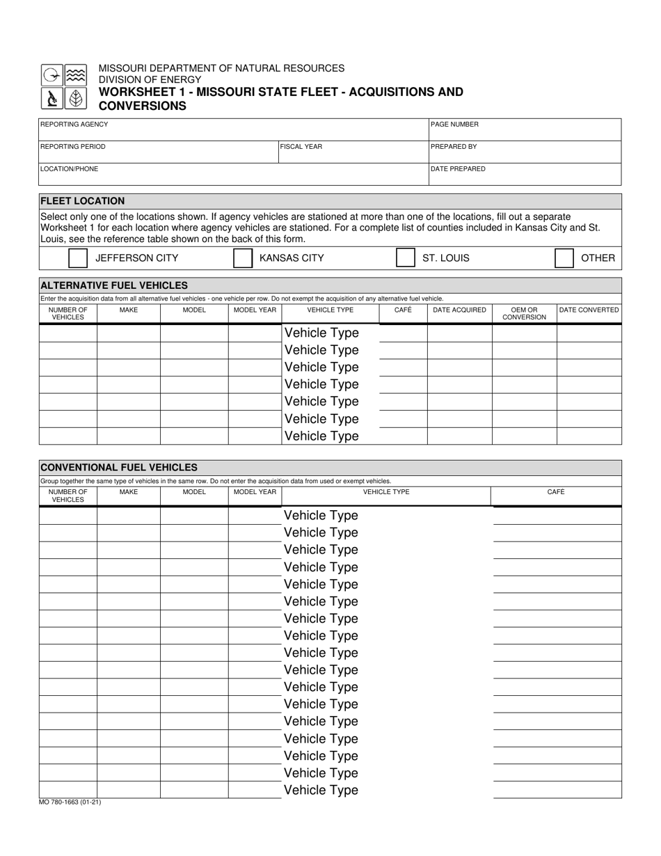 Form MO780-1663 Worksheet 1 Missouri State Fleet - Acquisitions and Conversions - Missouri, Page 1