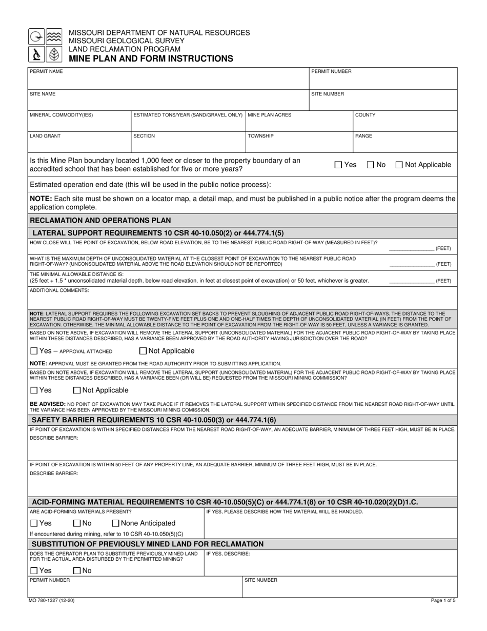 Form MO780-1327 Mine Plan - Missouri, Page 1