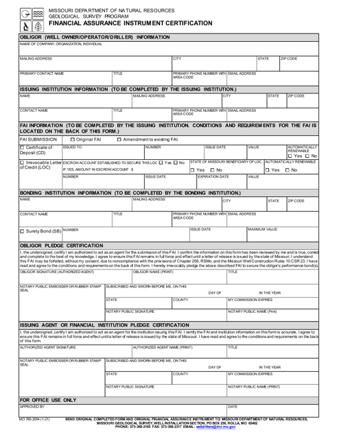 Form MO780-2054 Financial Assurance Instrument Certification - Missouri