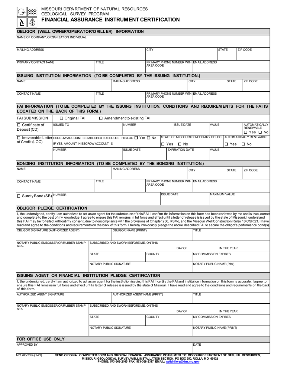 Form MO780-2054 Financial Assurance Instrument Certification - Missouri, Page 1