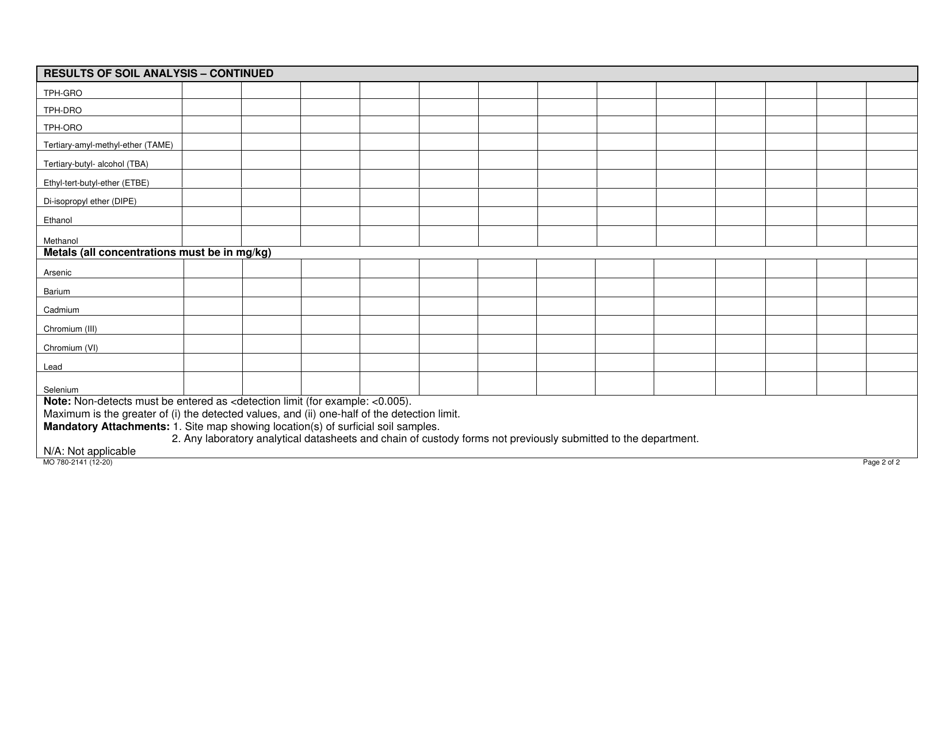 Form MO780-2141 Closure Report for Petroleum Releases at Underground Storage Tanks - Soil Analysis - Missouri, Page 2