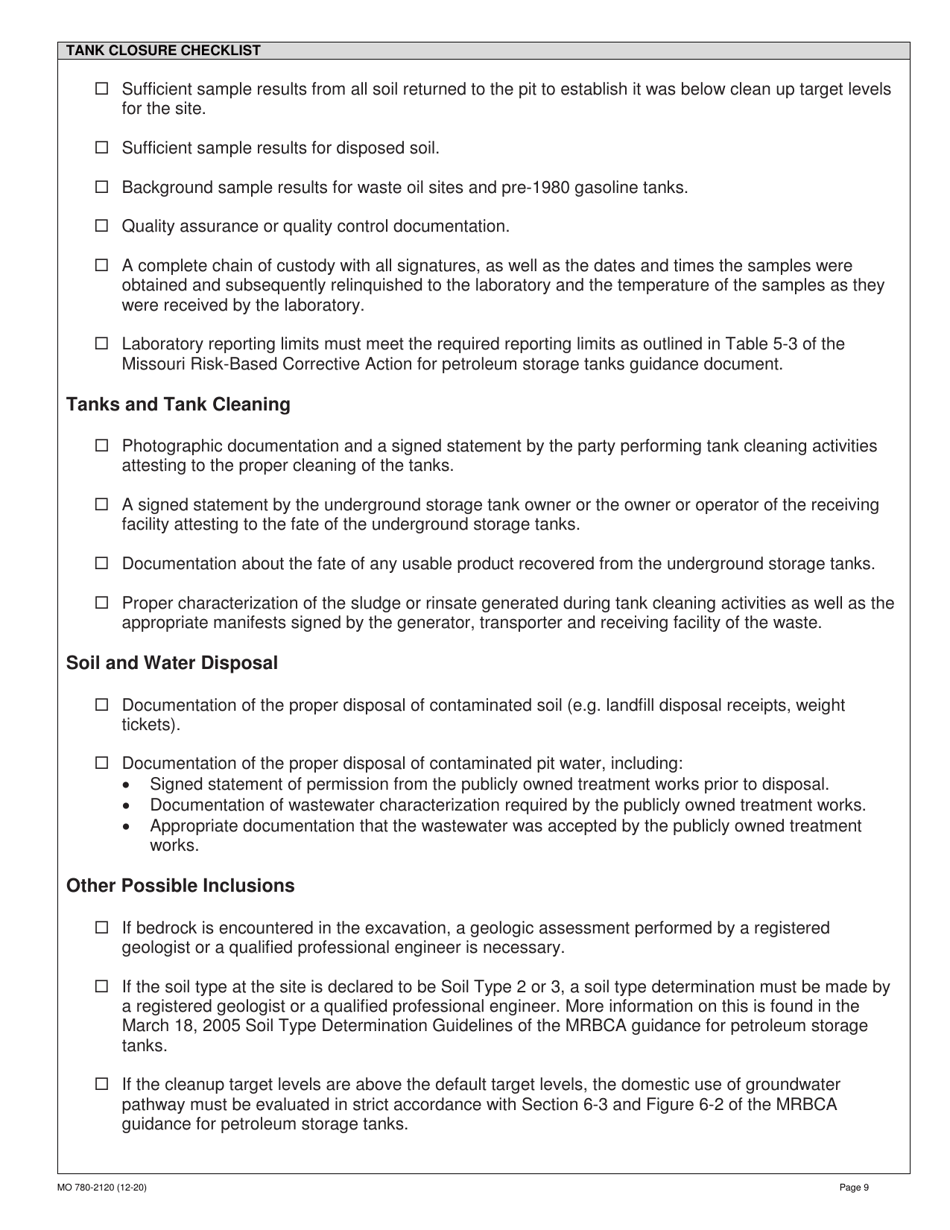 Form MO780-2120 Closure Report for Petroleum Releases at Underground Storage Tank Sites - Missouri, Page 9