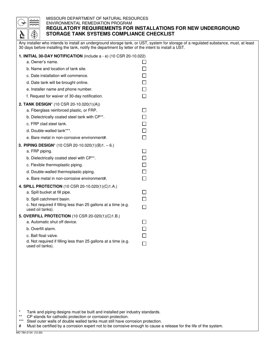 Form MO780-2134 Regulatory Requirements for Installations for New Underground Storage Tank Systems Compliance Checklist - Missouri, Page 1