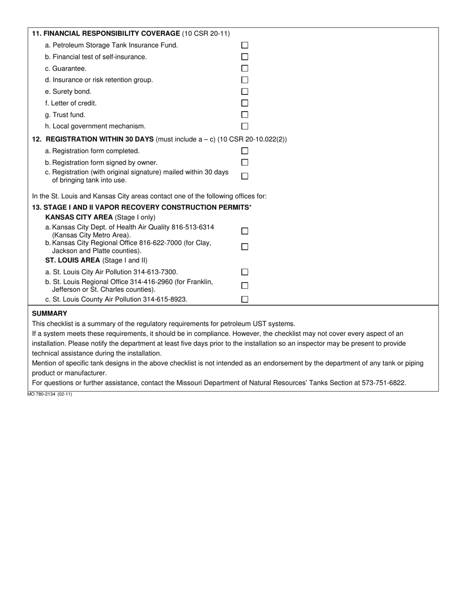 Form MO780-2134 Regulatory Requirements for Installations for New Underground Storage Tank Systems Compliance Checklist - Missouri, Page 3