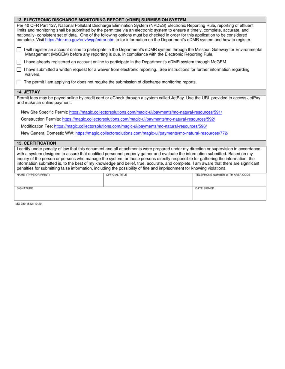 Form B (MO780-1512) Application for Operating Permit for Facilities That Receive Primarily Domestic Waste and Have a Design Flow Less Than or Equal to 100,000 Gallons Per Day - Missouri, Page 5