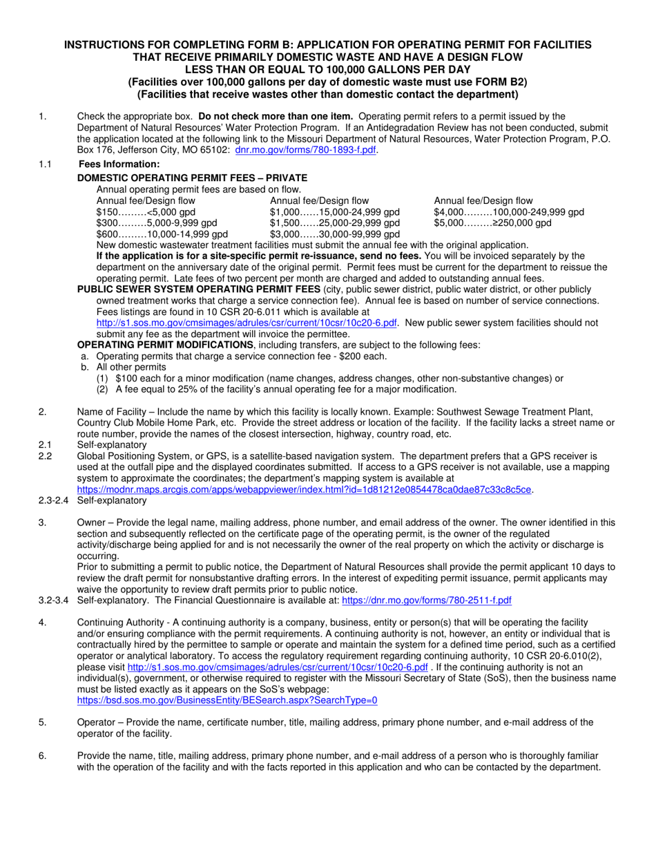 Form B (MO780-1512) Application for Operating Permit for Facilities That Receive Primarily Domestic Waste and Have a Design Flow Less Than or Equal to 100,000 Gallons Per Day - Missouri, Page 6
