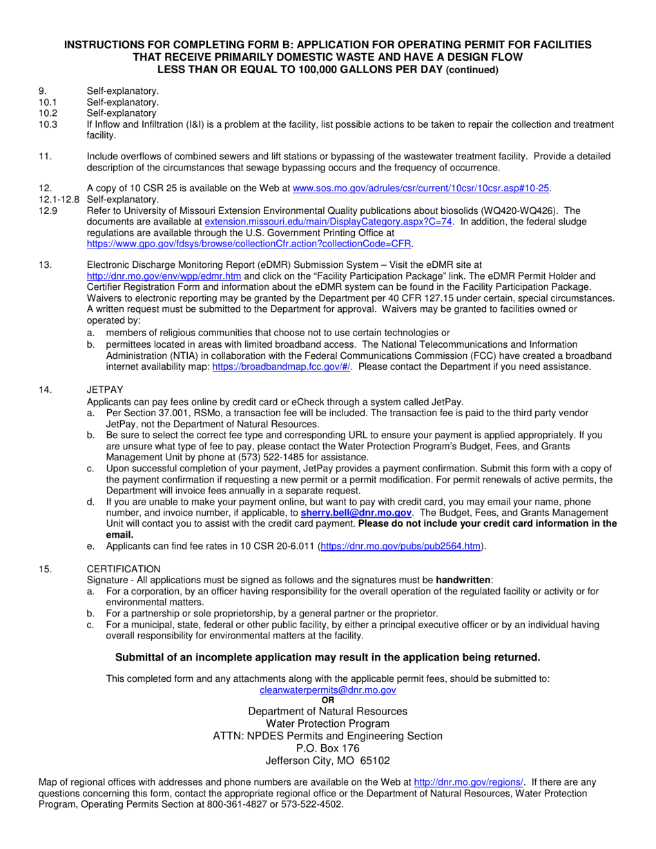 Form B (MO780-1512) Application for Operating Permit for Facilities That Receive Primarily Domestic Waste and Have a Design Flow Less Than or Equal to 100,000 Gallons Per Day - Missouri, Page 8