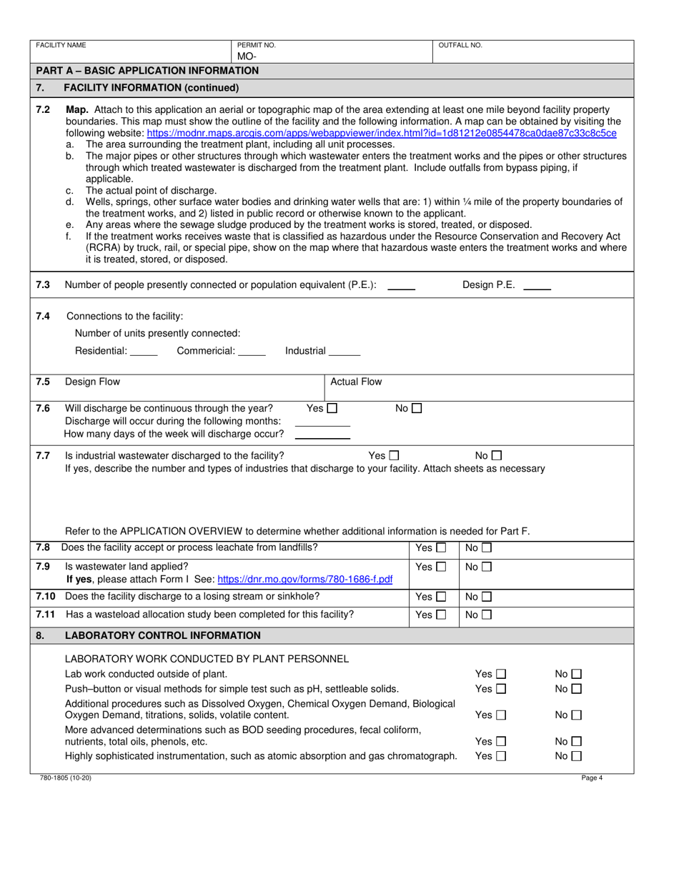 Form B2 (MO780-1805) Application for Operating Permit for Facilities That Receive Primarily Domestic Waste and Have a Design Flow More Than 100,000 Gallons Per Day - Missouri, Page 4
