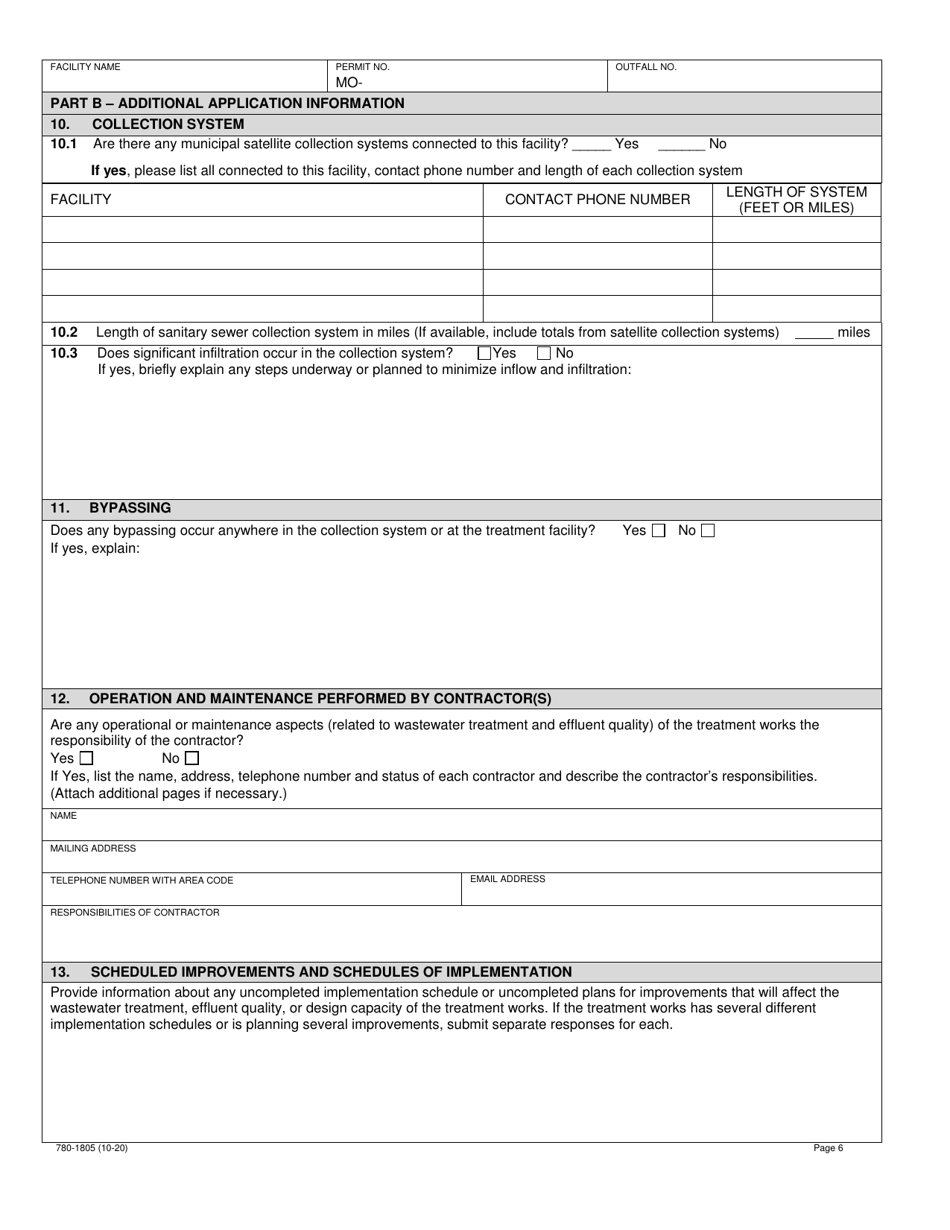 Form B2 (MO780-1805) Application for Operating Permit for Facilities That Receive Primarily Domestic Waste and Have a Design Flow More Than 100,000 Gallons Per Day - Missouri, Page 6