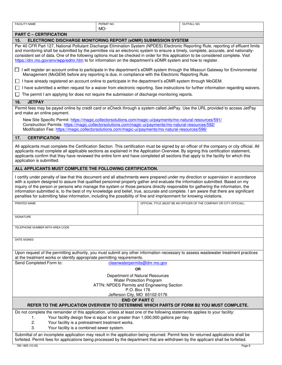 Form B2 (MO780-1805) Application for Operating Permit for Facilities That Receive Primarily Domestic Waste and Have a Design Flow More Than 100,000 Gallons Per Day - Missouri, Page 8