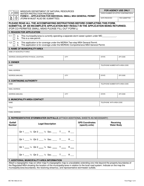 Form K (MO780-1802) Application for Individual Small Ms4 General Permit - Missouri