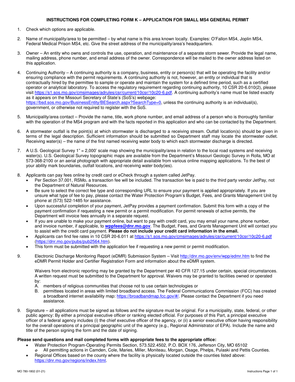 Form K (MO780-1802) Application for Individual Small Ms4 General Permit - Missouri, Page 3