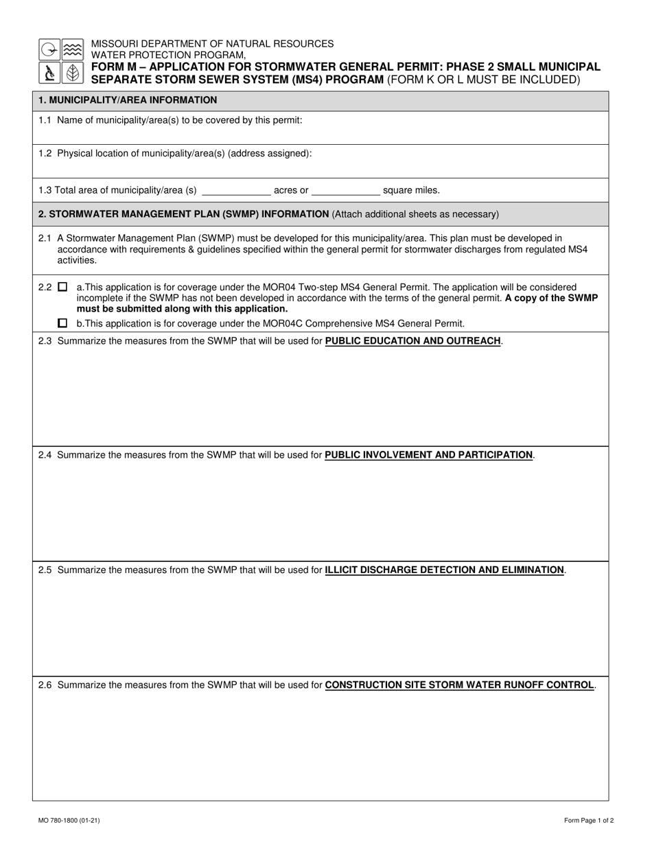 Form M (MO780-0800) Application for Stormwater General Permit: Phase 2 Small Municipal Separate Storm Sewer System (Ms4) Program - Missouri, Page 1
