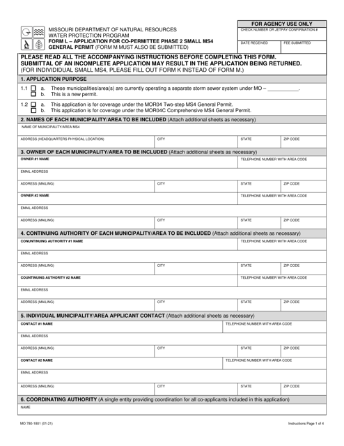 Form L (MO780-1801) Application for Co-permittee Phase 2 Small Ms4 General Permit - Missouri