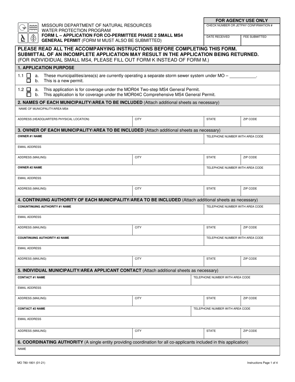 Form L (MO780-1801) Application for Co-permittee Phase 2 Small Ms4 General Permit - Missouri, Page 1
