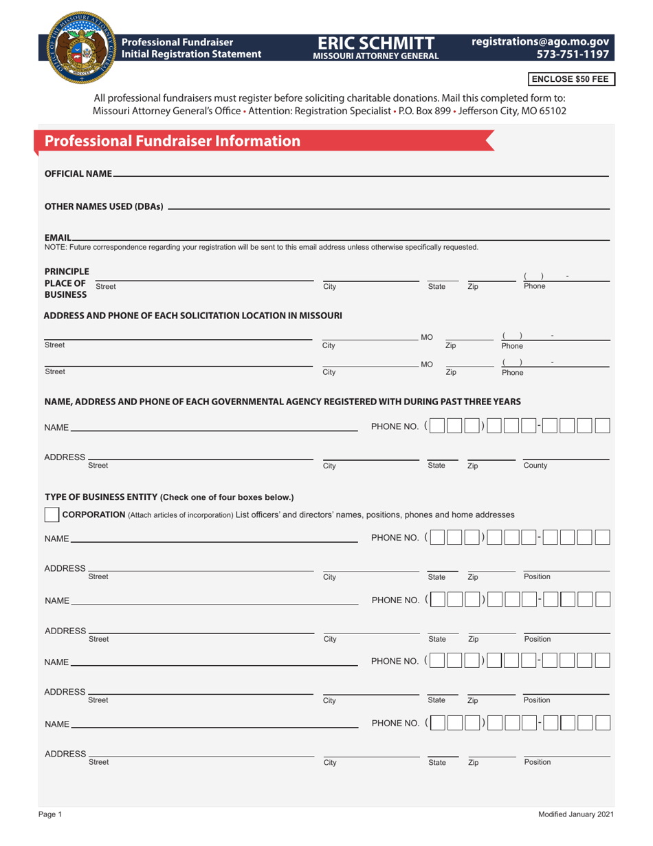 Professional Fundraiser Initial Registration Statement - Missouri, Page 1