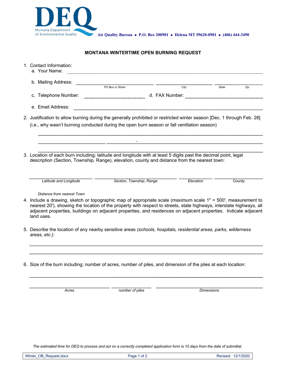 Montana Wintertime Open Burning Request - Montana, Page 1