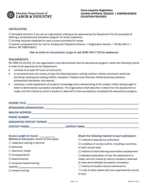 &quot;Home Inspector Course Approval Request - Comprehensive Education Provider&quot; - Montana Download Pdf