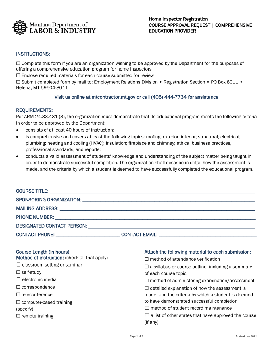 Home Inspector Course Approval Request - Comprehensive Education Provider - Montana, Page 1